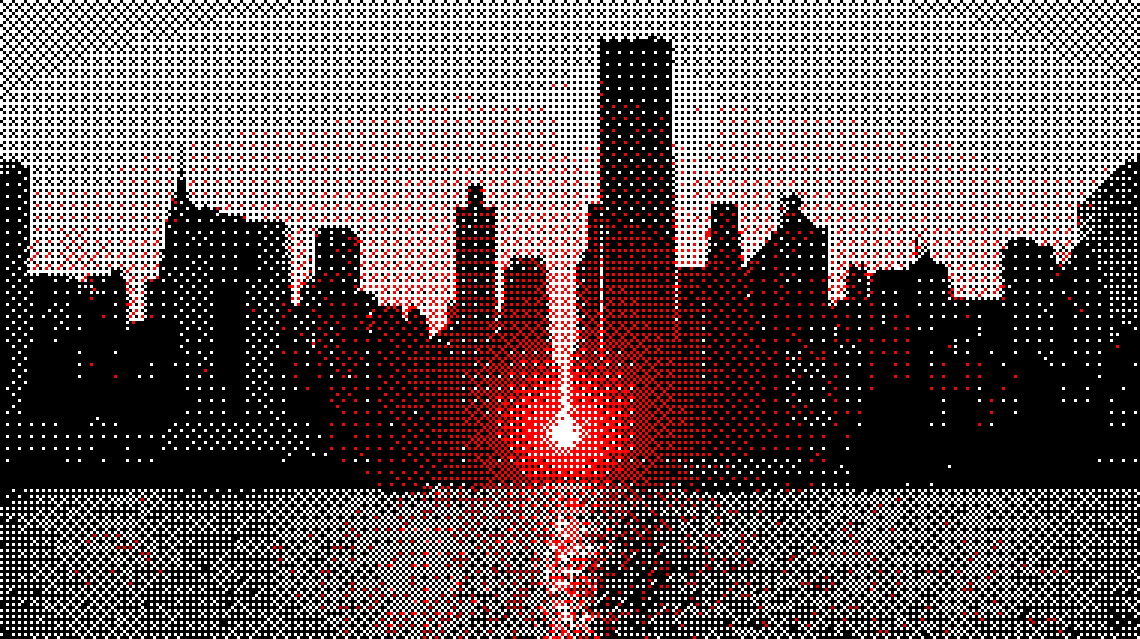 A pixelated photo of the NYC skyline with the sun peeking precisely between buildings.